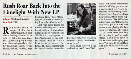 Rush Clockwork Angels in Rolling Stone Magazine