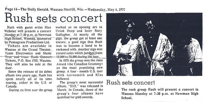 Rush 'All The World's a Stage' Tour Pictures - Wausau, Wisconsin - May 9th, 1977