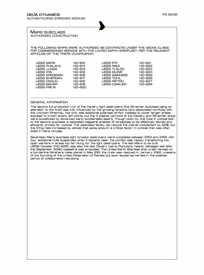 Star Fleet Starship Recognition Manual: Cavalry Light Destroyer
