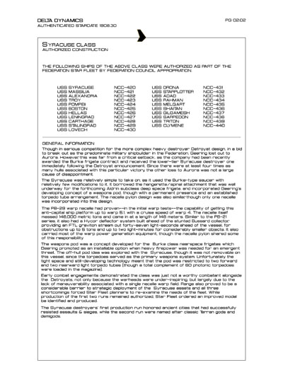 Star Fleet Starship Recognition Manual: Syracuse Destroyers