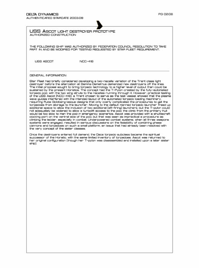 Star Fleet Starship Recognition Manual: Trent Light Destroyer