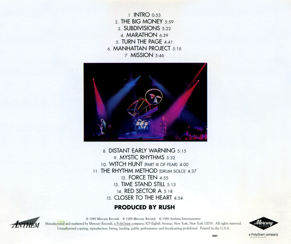 Rush A Show of Hands Album Cover - Back