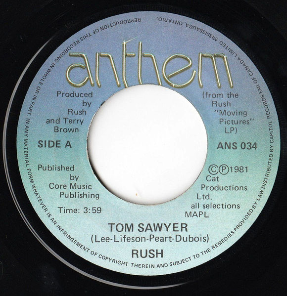 Rush: Tom Sawyer b/w Witch Hunt 45RPM Vinyl