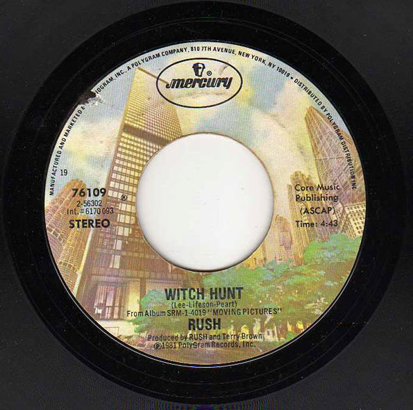 Rush: Tom Sawyer b/w Witch Hunt 45RPM Vinyl