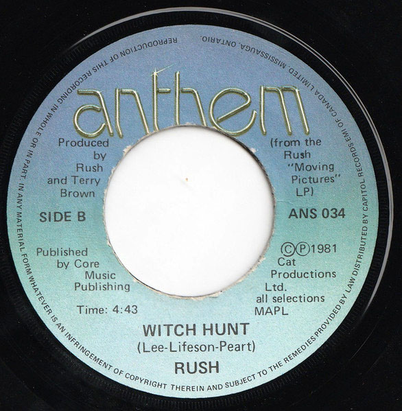Rush: Tom Sawyer b/w Witch Hunt 45RPM Vinyl