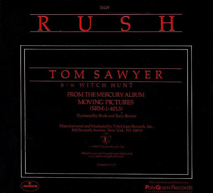 Rush: Tom Sawyer b/w Witch Hunt 45RPM Vinyl