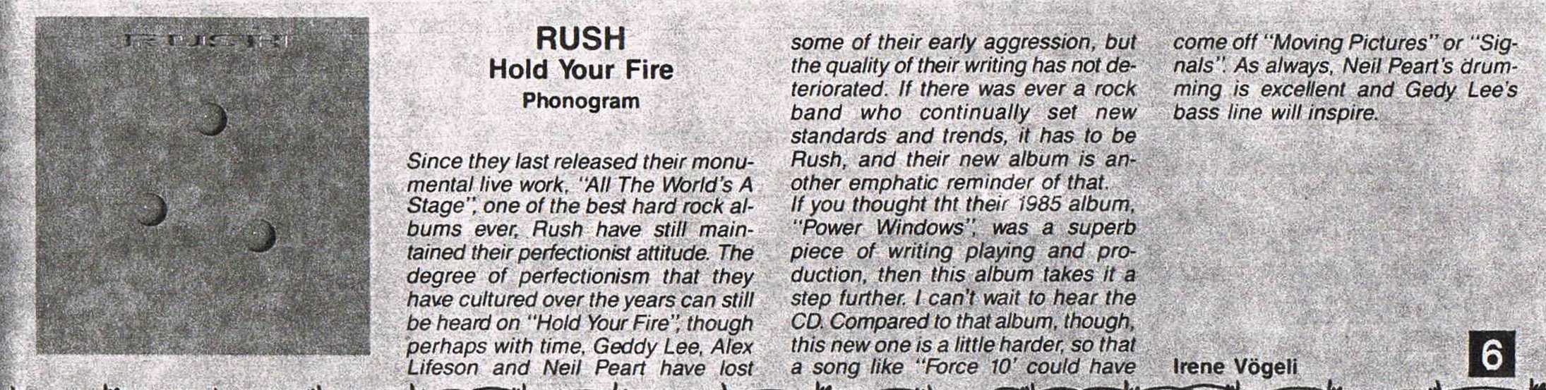Rush: Hold Your Fire - Album Lyrics and Liner Notes