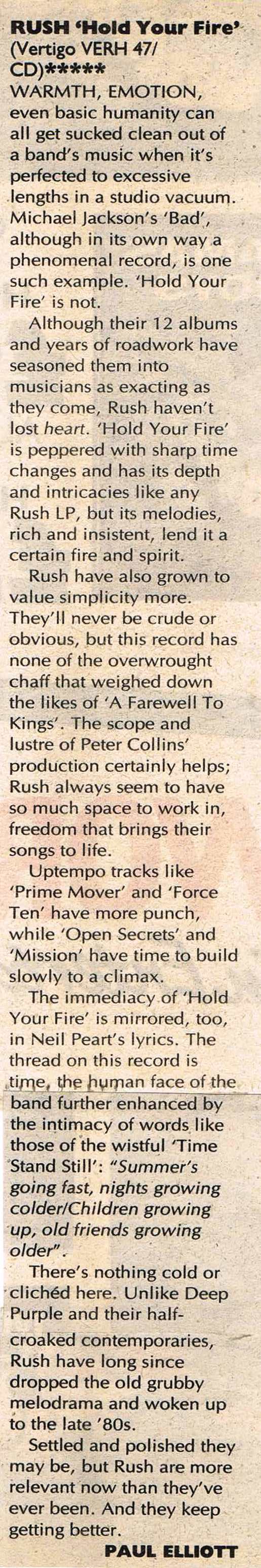 Rush: Hold Your Fire - Album Lyrics and Liner Notes