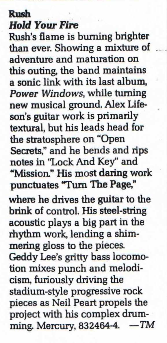 Rush: Hold Your Fire - Album Lyrics and Liner Notes